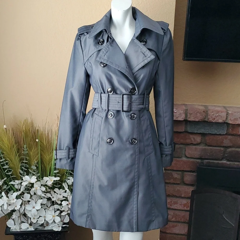 🆕️LONDON FOG Metallic Gray Water Resistant Double Breasted Trench Coat SIZE: PS - Picture 1 of 16